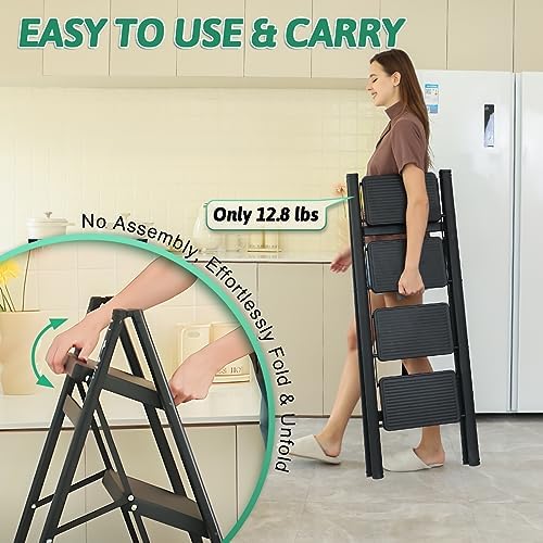4 Step Ladder Folding Step Stool, Heavy Duty 330 Lbs Load Step Ladders for Home, Tall Kitchen/Closet Stepladder for Adults, Black Small & Lightweight Ladder with Anti-Slip Wide Pedals by OOSOFITT