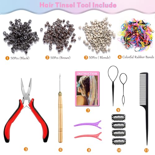 Hair Tinsel Kit (20 Colors, 4400 Strands, 48 Inches) Sparking Tinsel Hair Extensions Kit with Tools, Fairy Hair Tinsel Kit Heat Resistant Highlights Glitter Hair Extensions Hair Tensile Kit