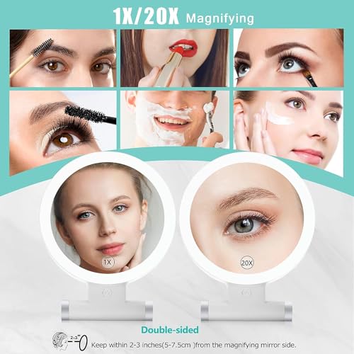 B Beauty Planet Magnifying Mirror with Light 20X/1X,Double Sided Tabletop Mirror with Adjustable Folding Handle,Cosmetic Mirror for Makeup/Travel, Tweezing, and Blackhead/Blemish Removal.
