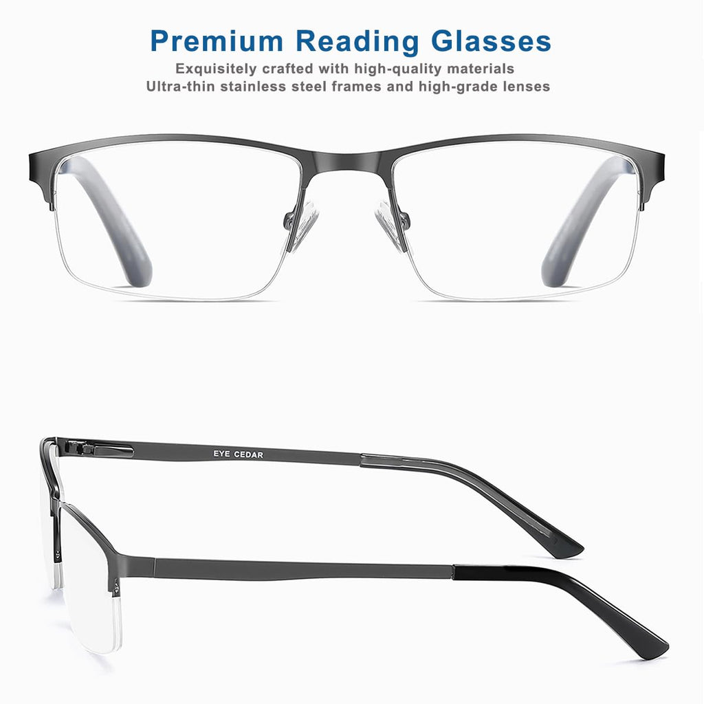 EYECEDAR 5 Pack Reading Glasses Men Blue Light Blocking Eyeglasses Gunmetal Gray Metal Half Frame Spring Hinges Readers for Men and Women 1.5