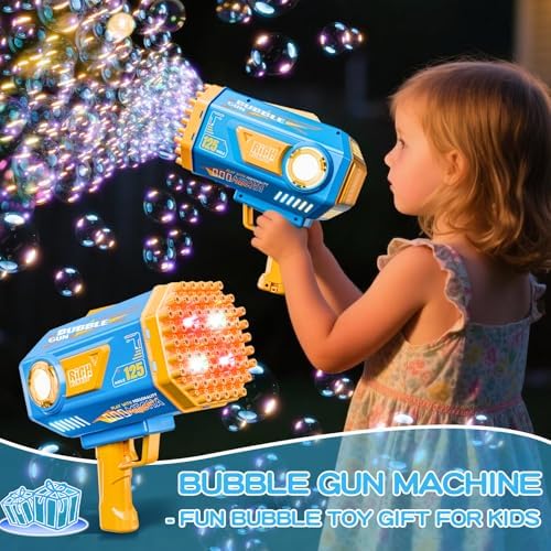Bubble Gun, 125 Holes Bubble Machine with Lights, Bubble Guns for Kids Ages 4-8 Year Old, Big Bubble Gun Blaster for Wedding, Summer Outdoor Toy Birthday Bubble Maker Party Favors (Blue)