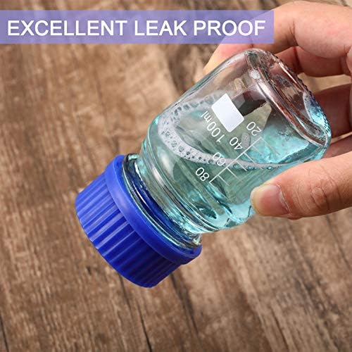 Patelai 4 Pieces Glass Round Media Storage Glass Bottles Borosilicate Media Bottles with GL45 Blue Screw Cap for Lab Water Reagent Liquids(100 ml)