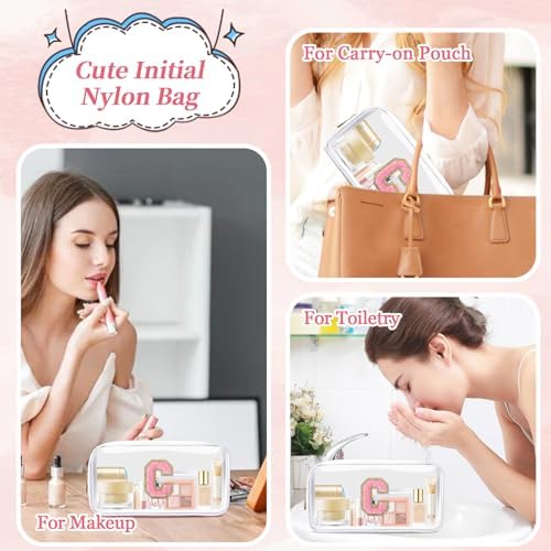 Small Clear Personalized Initial Makeup Bag,Nylon Preppy A-Z Chenille Letter Patch Cosmetic Pouch Beach Toiletry Bag,Waterproof Zipper Travel Purse Storage Bag Organizer for Women Girls(White-Pink C)