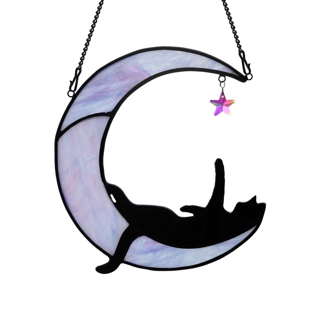 BOXCASA Black Cat Stianed Glass Suncatcher for Windows, Witchy Cat Gifts