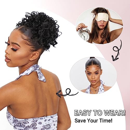 Lommel Messy Bun Hair Piece Short Curly Ponytail Extension Elastic Drawstring Loose Wave Curly Hair Buns Hair Piece Synthetic Hair Extensions Hair Bun for Women Daily Use(Black to Auburn Brown)