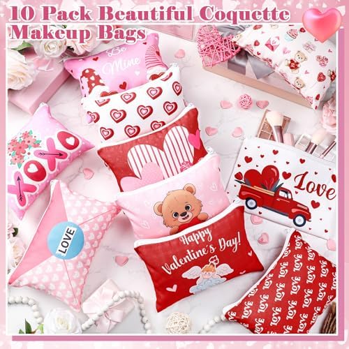 Kacctyen 20 Pack Valentine's Day Gift Makeup Bags for Women Bulk Pink Red Conversation Heart Makeup Bags 10 Style Galentines Favors Zipper Pouch Valentine Gifts for Coworkers Girlfriend Friends Wife