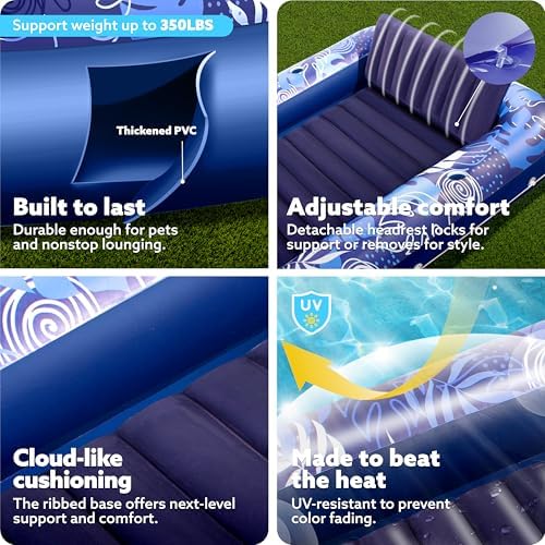 SLOOSH Inflatable Tanning Pool Lounger Float, 85" x 57" Extra Large Pool Floats Adult with Pillow, 4 in 1 Suntan Tub Raft Floatie,Sunbathing Bed Lounge for Water Blow Up Ball Pit, XL-Dark Blue