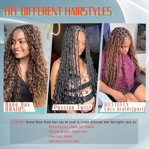 Ocean Wave Crochet Hair For Black Women 24 Inch 8 Packs Deep Wave Curly Braiding Hair Extensions Soft Crul Crochet Hair For Boho Braids(24inch, 8pack, black)…