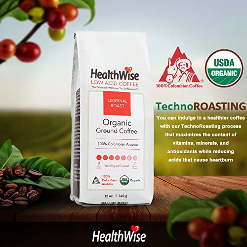 HealthWise Low Acid Organic Ground Coffee | Colombian Arabica Original Roast | Healthier Coffee for Sensitive Stomachs - Acid Reflux, Heartburn, Gastro Issues | 12 oz. - 340 g