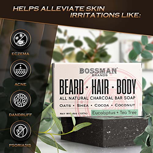 6 Pack Bossman Mens Bar Soap 4-in-1 All Natural Organic Beard Wash, Shampoo, Body Wash, Shaving and Bath Soap - Essential Beard Care, Scent- Eucalyptus and Tea Tree