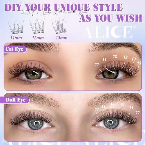 ALICE Natural Lash Clusters Kit Clear Band Wispy Lash Extension Kit Cluster Eyelash Extension Kit 162pcs C Curl 11-13mm Individual Lashes with Lash Glue Bond and Seal and Tweezers DIY at Home