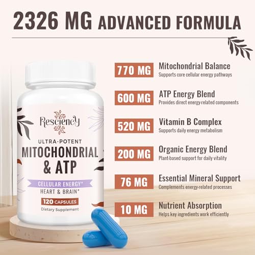 Resciency 2326 MG Mitochondrial Supplements with ATP, Vitamins, CoQ10 & PQQ, More Effective Than Creatine HMB & Nitric Oxide, Energy, Endurance, Strength, Recovery & Muscle, Organic, 240 Capsules