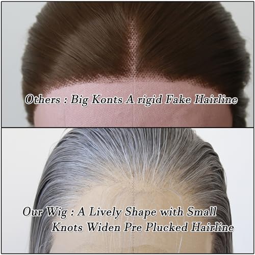 BTWTRY Gray Wig Long Straight Grandma Grey Synthetic Lace Front Wigs Pre Plucked Natural Hairline for Black Women Heat Resistant Fiber Hair Cosplay Daily Wear Wig (Grandma Grey)
