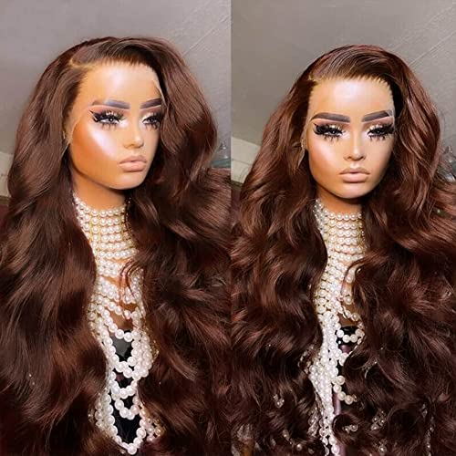 200% Density 13x4 Auburn Brown Body Wave Lace FrontWigs Chestnut Brown Colored Human HairWigs For WomenHD Transparent Lace FrontWig Human Hairwith Baby Hair(24 Inch,13x4 BrownLace Front Wig HumanHair)