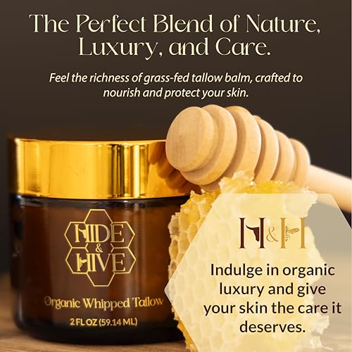 Hide & Hive Organic Whipped Tallow Balm – Grass-Fed and Handcrafted Skincare for Sensitive Skin, Face, Lips, and Body – 6 Organic Ingredients, Chemical-Free, Fragrance-Free Deep Hydration – 2oz