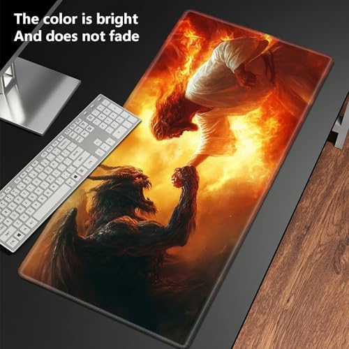 Playmats for Magic: The Gathering MTG Card Game Mat Plus 50 Pcs Card Sleeves, 24 x 14 inch TCG Mat with Stitched Edge for Commander Deck Duskmourn Board Game, Jesus Christ Fight The Devil