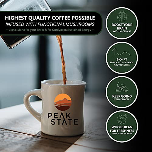 Peak State BRAIN SUSTAIN Coffee - Dark Roast - Whole Bean Lion's Mane Mushroom Coffee - Mold Free, Mycotoxin Free, Organic, Non-GMO, Low Acid (12 oz, Whole Bean)