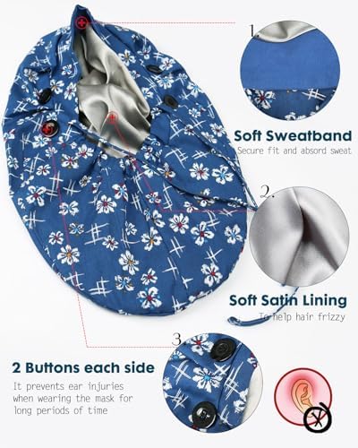 Satin Lined Scrub Cap for Women Extra Large Long Hair Surgical Nurse Cap 4 Buttons
