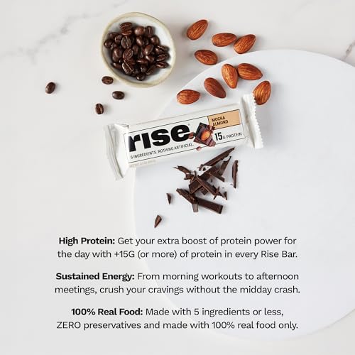 Rise Whey Protein Bars - Mocha Almond | Breakfast Bar & Protein Snack 15g Protein 4g Fiber Just 5 Whole Food Ingredients Gluten-Free Soy Free