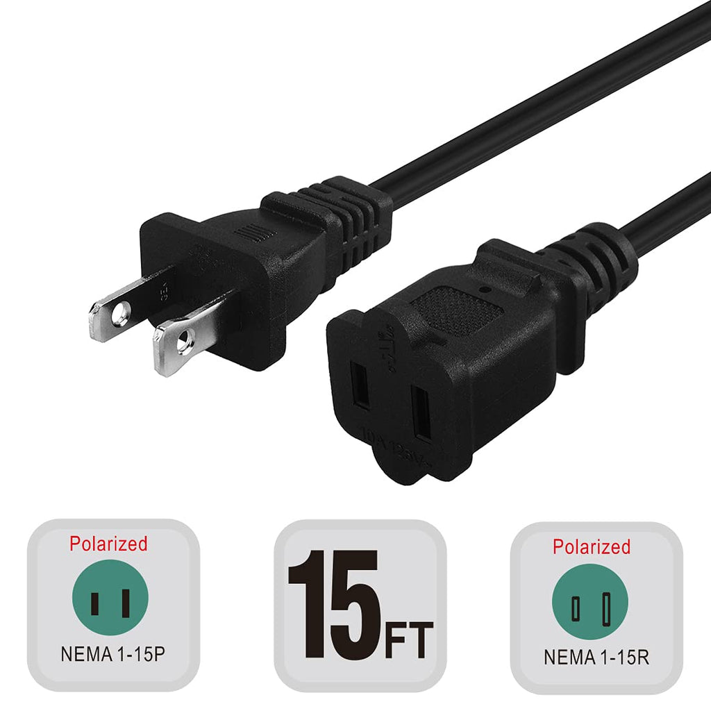 15-Feet Long Polarized US 2-Prong Male-Female Extension Power Cord Cable, 16AWG 2 Outlet Extension Cable Cord US AC 2-Prong Male/Female Power cable10A/125V, Nema 1-15P to 1-15R Cable Polarized