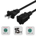 15-Feet Long Polarized US 2-Prong Male-Female Extension Power Cord Cable, 16AWG 2 Outlet Extension Cable Cord US AC 2-Prong Male/Female Power cable10A/125V, Nema 1-15P to 1-15R Cable Polarized