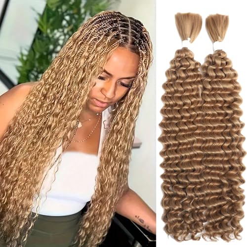 Human Braiding Hair 2Bundles 160g for Bohemian Braids Deep Wave Human Braiding Hair for Boho Braids No Weft Freetress Honey Blonde Human Hair for Braiding Hair 24 Inch (27#)