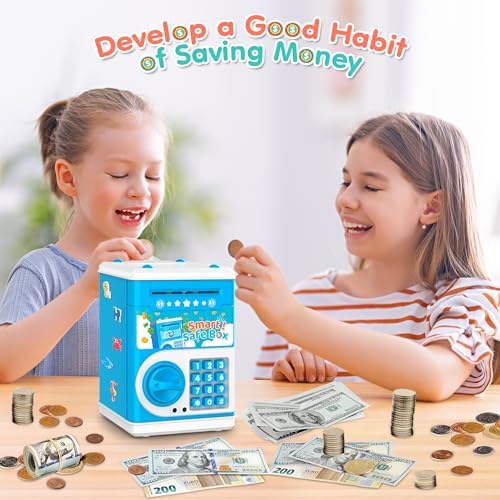 Blue Piggy Bank for Kids, Electronic Coin Money Bank, Children's Safe Money Jar Toy Age 4 7 8 9 10 11 with Password Code Lock and Auto Grab Bill Slot, Great B-Day Xmas Toy Gifts for Kids