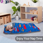 Primlect Thickened Toddler Nap Mat with Removable Pillow and Minky Blanket, Extra Large 55''x35'' Sleeping Bag, Washable, Roll up, Perfect for Daycare, Preschool, Kindergarten, Boys and Girls Blue Car