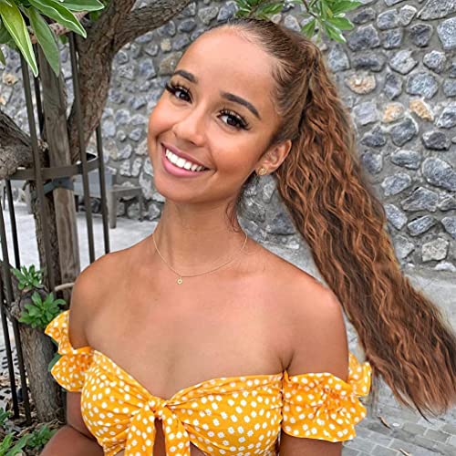 YEAME Corn Wave Ponytail Extension Clip in - 22 Inch Long Wavy Curly Wrap Around Pony Tail Heat Resistant Synthetic Hairpiece for Women (Brown mixed Light Auburn #8H30)
