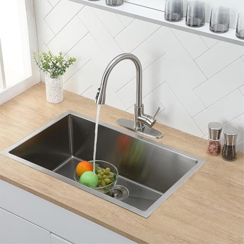 Kitchen Faucets with Pull Down Sprayer, Brushed Nickel High Arc RV Laundry Bar Commercial Sink Faucet, 1 or 3 Hole Stainless Steel Single Handle Faucets for Kitchen Sink with Deck Plate