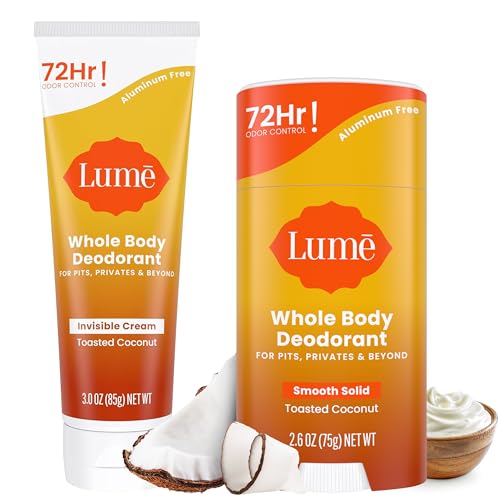 Lume Whole Body Deodorant - Invisible Cream Tube and Solid Stick - 72 Hour Odor Control - Aluminum Free, Baking Soda Free, Skin Safe - 3.0 Ounce 2.6 Ounce Bundle (Toasted Coconut)