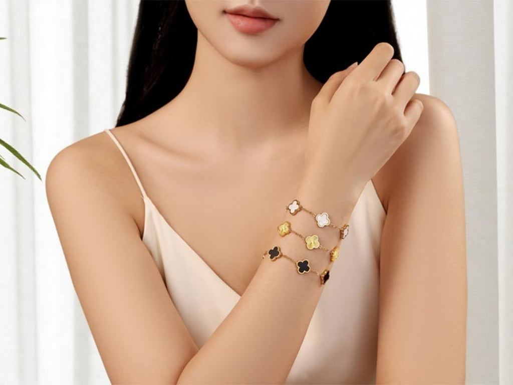 iGenztech (Sturdy Version) 18K Gold Plated Bracelets for Women Men (Double Sided) Four Leaf Clover Cute Trendy Lucky Braclet (Adjustable) Fit Wrist Within 8 Inch, Gold White Black Green Blue Red Pink