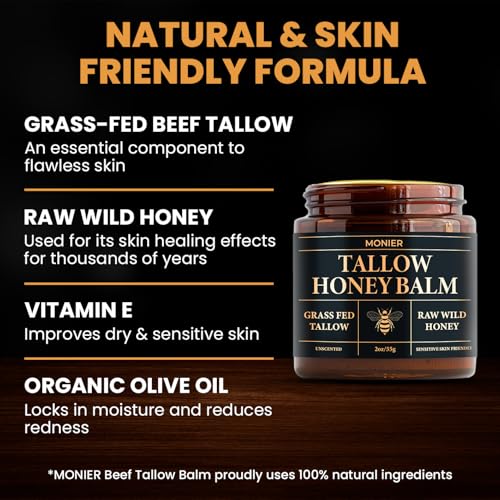 MONIER Tallow and Honey Balm for Face, Beef Tallow for Skin, Moisturizer with 100% Organic Grass-Fed Beef Tallow & Raw Wild Honey - Natural Formula for Dry & Sensitive Skin (Unscented)