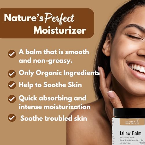 Organic Tallow Cream: Certified Grassfed Beef Tallow Balm with Vanilla, Patchouli and Frankincense. Certified Grassfed/Finished Beef Suet by AGW + Handmade by Authentic Body And Soul (Vanilla-4oz)