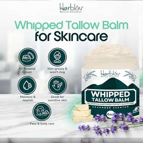Beef Tallow Balm – Natural Grass Fed Whipped Tallow and Honey All Purpose Balm – Moisturizing Face and Body Lotion for Eczema, Cracked, Dry, Itchy, Irritated Skin – Skin Repair Made in USA (Lavender)
