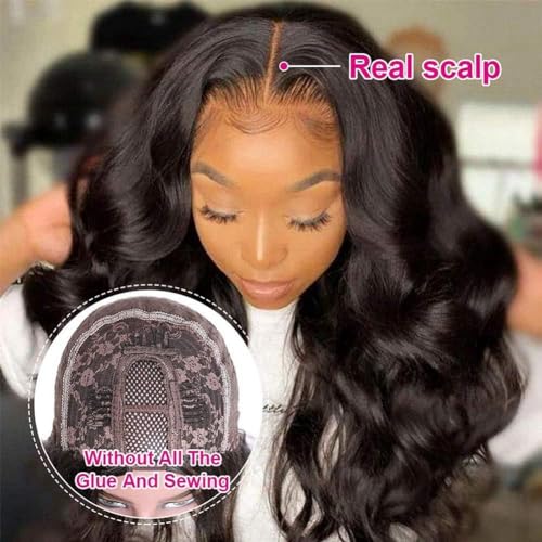 Wavy V Part Wig Wear And Go Glueless U Part Wig Body Wave Natural Black Synthtic Hair Soft As Human Hair Half Wigs For Black Women (Off Black, 26 Inch)