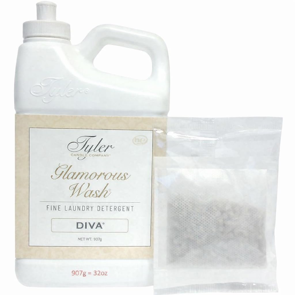 TYLER CANDLE COMPANY Glam Wash Diva 32 Fl Oz Laundry Detergent/with Dryer Sachet Single Pouch, Pull and Pour Spill Proof Cap c