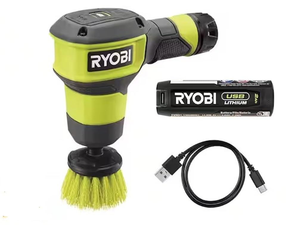 RYOBI USB Lithium Compact Scrubber Kit with 2.0 Ah Battery, USB Charging Cord, and 2 in. Medium Bristle Brush, Green