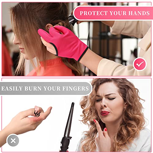 Geyoga 2 Pcs Heat Resistant Gloves for Hair Styling 3 Finger Barber Gloves Reusable Curling Wand Heat Protector for Hair Dye(Rose Red)