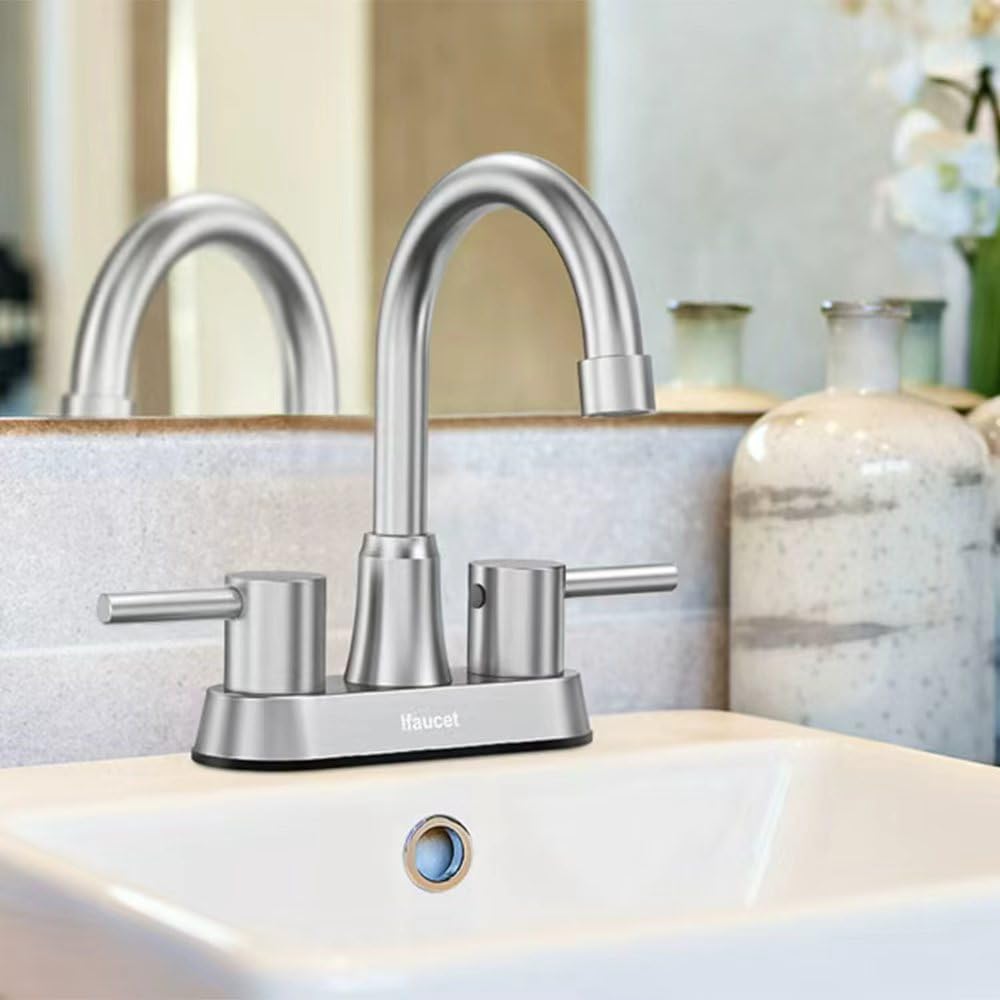 Bathroom Faucets, Bathroom Faucet 3 Hole, Bathroom Sink Faucet, Faucet for Sink 4 Inch 2 Handle Centerset, Lead-Free, with Copper Pop Up Drain (Brushed Nickel)
