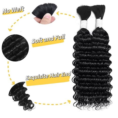 Deep Wave Bulk Human Hair Braiding Hair, 100% Unprocessed Brazilian Virgin Hair, 24 Inch, 50g, No Weft, Suitable for Micro Braiding, Boho, Knotless, Box Braids, Cornrows, Twists