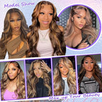 Honey Blonde Ombre Lace Front Wig Human Hair Highlight Body Wave 13X6 Lace Front Wigs Human Hair Pre Plucked HD Frontal 180 Density Glueless 4/27 Highlighted Human Hair Wig 30 Inch