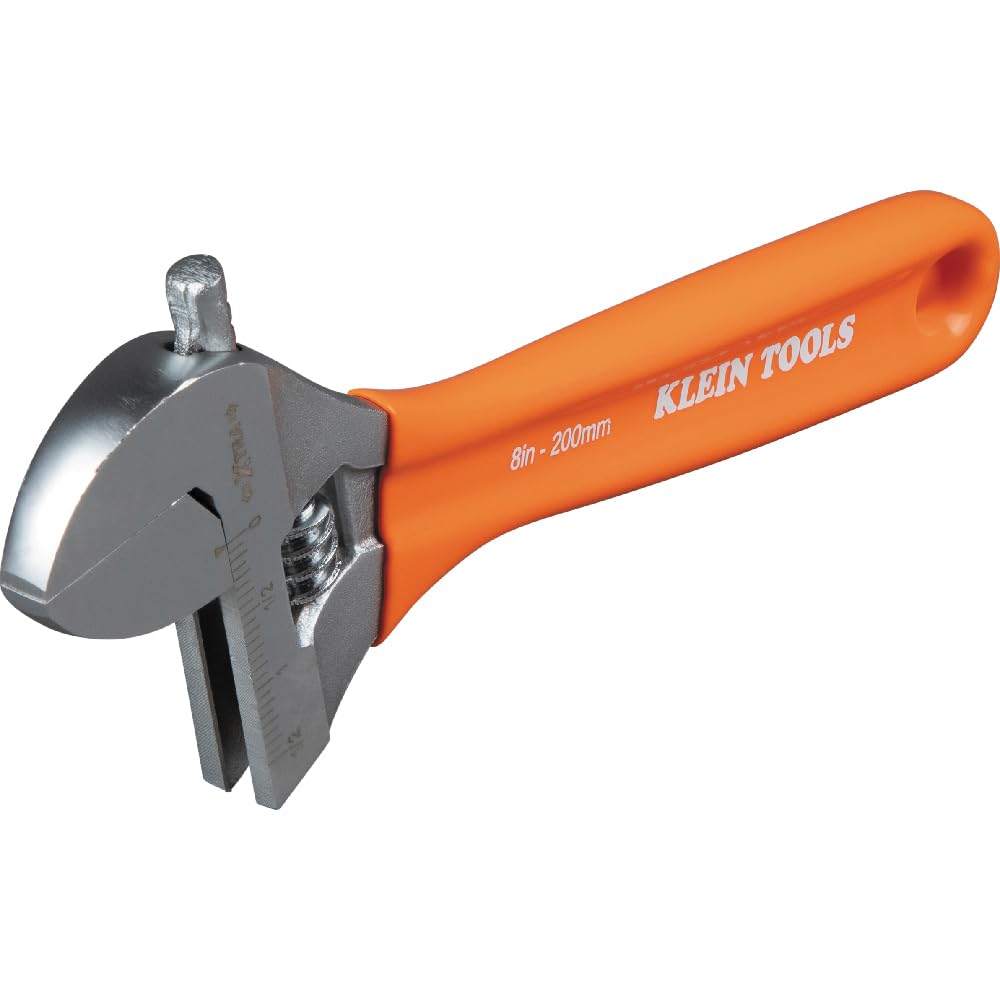 Klein Tools O5098 Adjustable Wrench, Extra-Wide Jaw, Forged Heat-Treated Alloy Steel, SAE and Metric Scales, Plastic-Dipped Handle, 8-Inch