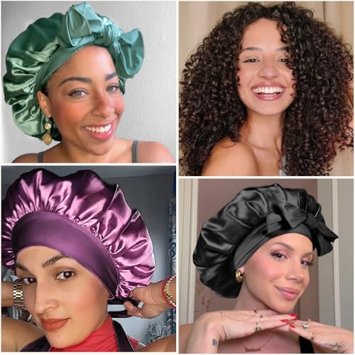 YANIBEST Large Jumbo Satin Hair Bonnets for Sleeping Double Layer Satin Lined Shower Cap for Women Men Cap for Curly Natural Hair,Green