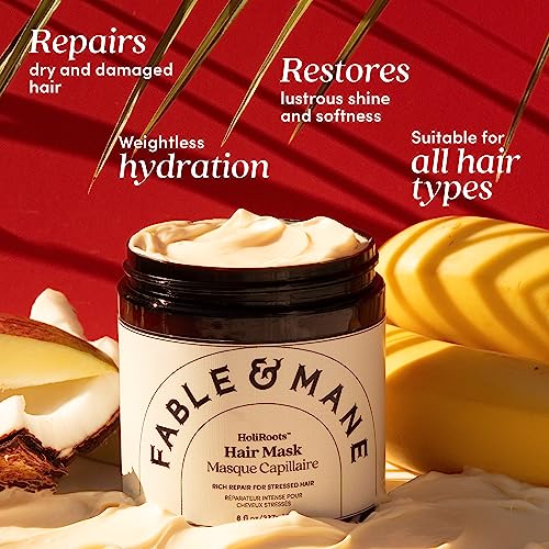 Fable & Mane HoliRoots Hair Mask, 8FL oz - Hydrating Hair Mask for Dry Damaged Hair with Shea Butter, Banana, Coconut Water, Mango Butter and Indian Jasmine Sambac Fragrance