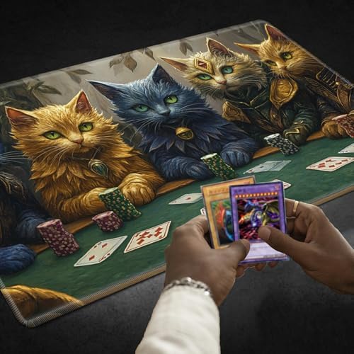 Playmats for Magic: The Gathering MTG Card Game Mat Plus 50 Pcs Card Sleeves, 24 x 14 inch TCG Mat with Stitched Edge for Commander Deck Duskmourn Board Game, Cats Play Poker