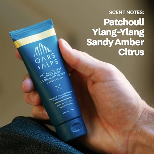 Oars + Alps Whole Body Deodorant Cream For Men - Multi-Action Odor Defense - Aluminum Free, Baking Soda Free, Anti-Chafe - 2.5 Ounce Tube - California Coast