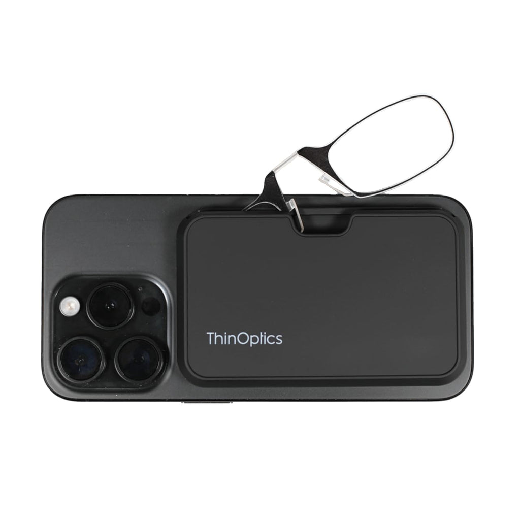 ThinOptics Readers with Magsafe Compatible Case - Armless On-Nose Reading Glasses - Slim Case Attaches to Phone - Black 1.5x