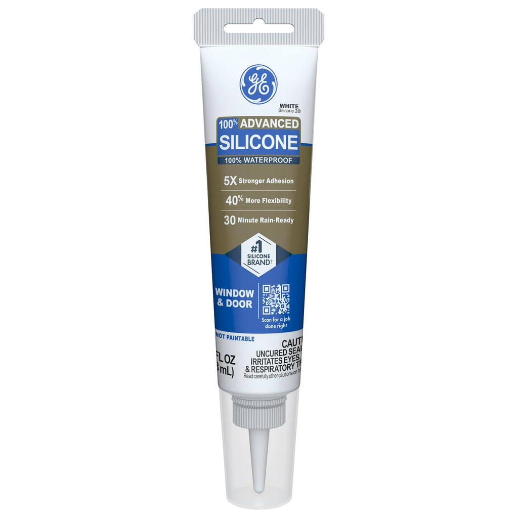 GE Advanced Silicone Caulk for Window & Door, White, 2.8 fl oz Tube, 12 Pack - 100% Waterproof Silicone Sealant, 5X Stronger Adhesion, Freeze & Sun Proof