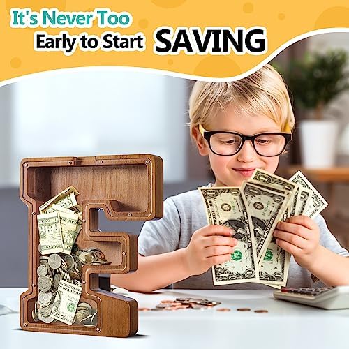 Summidate Large Wooden Piggy Bank for Kids Adults, Alphabets Letter A-Z Piggy Bank for Boys Girls, Coins Bills Change Bank Box Personalized Initial Name Kids Money Bank for Birthday Present and Decor
